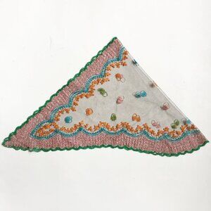 Vintage Embroidered Pink Green Orange Blue Tulle Sheer Scalloped Scarf Wrap